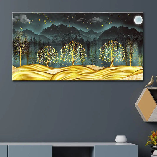 Golden Dreamscape | Mesmerizing Nightscape Canvas Wall Art for Elegant Home Décor