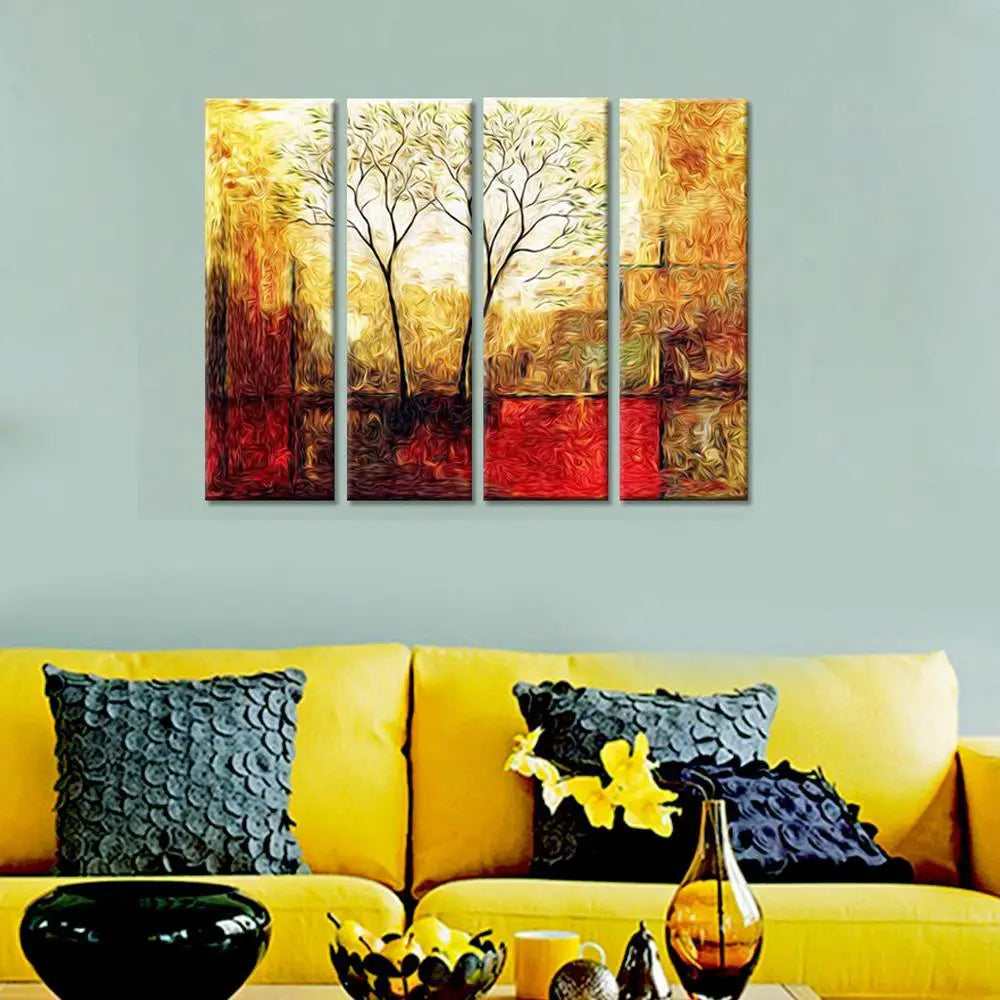 Twin Tree Sepia Scenery  Canvas Printed Painting 4 Pieces Wall Painting with Wooden Framed for Living Room, Bedroom, Office Decoration (24" x 8" Each Panel)