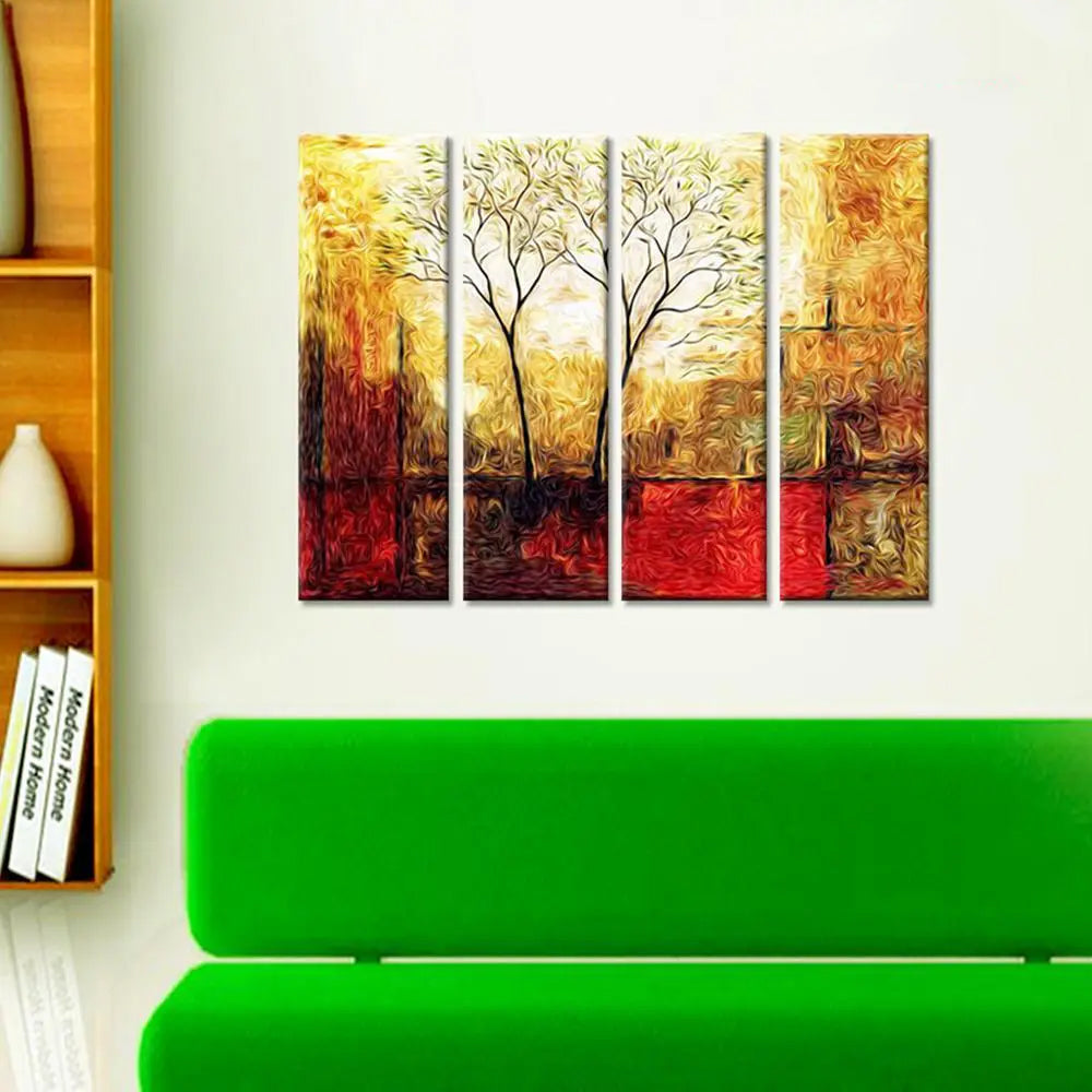 Twin Tree Sepia Scenery  Canvas Printed Painting 4 Pieces Wall Painting with Wooden Framed for Living Room, Bedroom, Office Decoration (24" x 8" Each Panel)