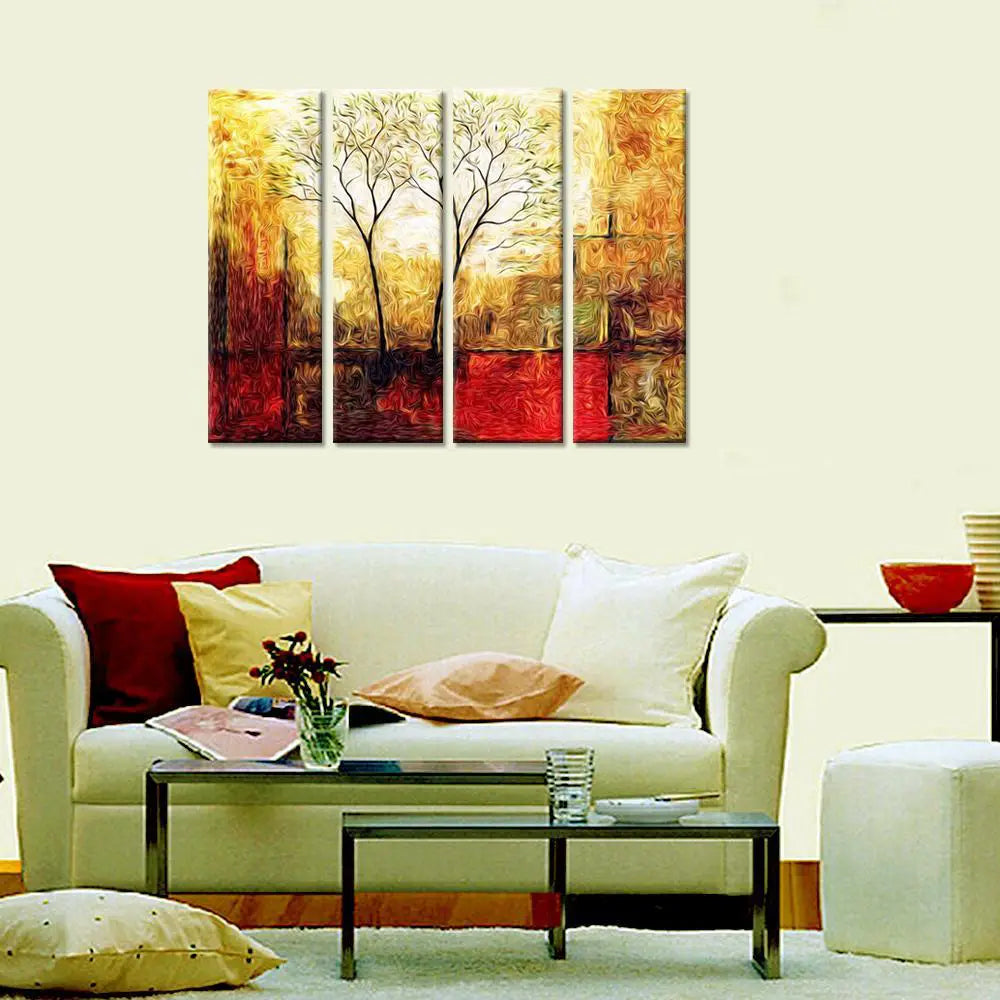 Twin Tree Sepia Scenery  Canvas Printed Painting 4 Pieces Wall Painting with Wooden Framed for Living Room, Bedroom, Office Decoration (24" x 8" Each Panel)