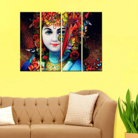 Colorful Krishna Panel Art | 4 Panel Wall Decor | (24" x 8" Each Panel)