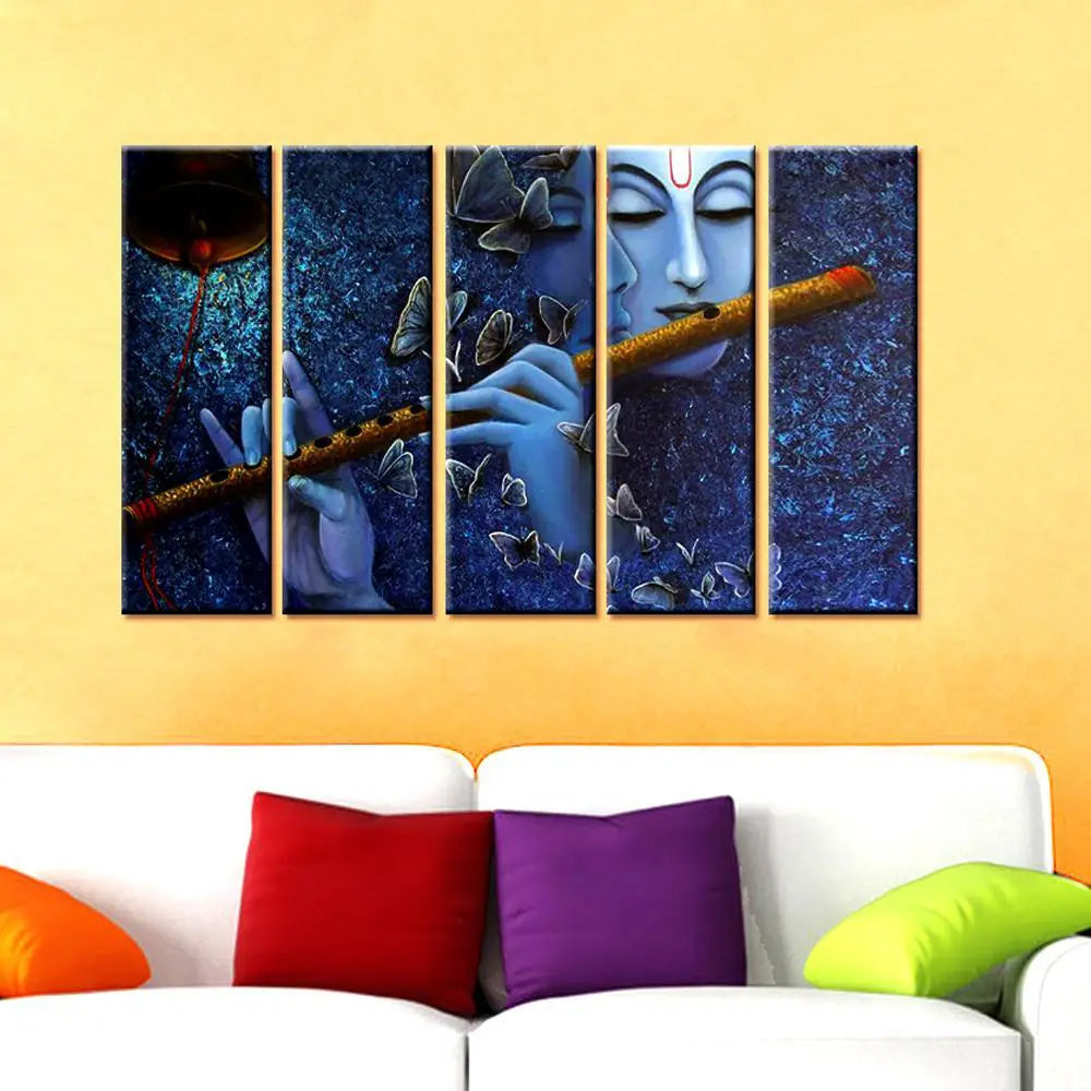 Krishna with Flute Beautiful Set of 5 Frame Canvas Painting for Living Room, Bedroom, Office Wall Decoration (24" x 8" Each Panel)