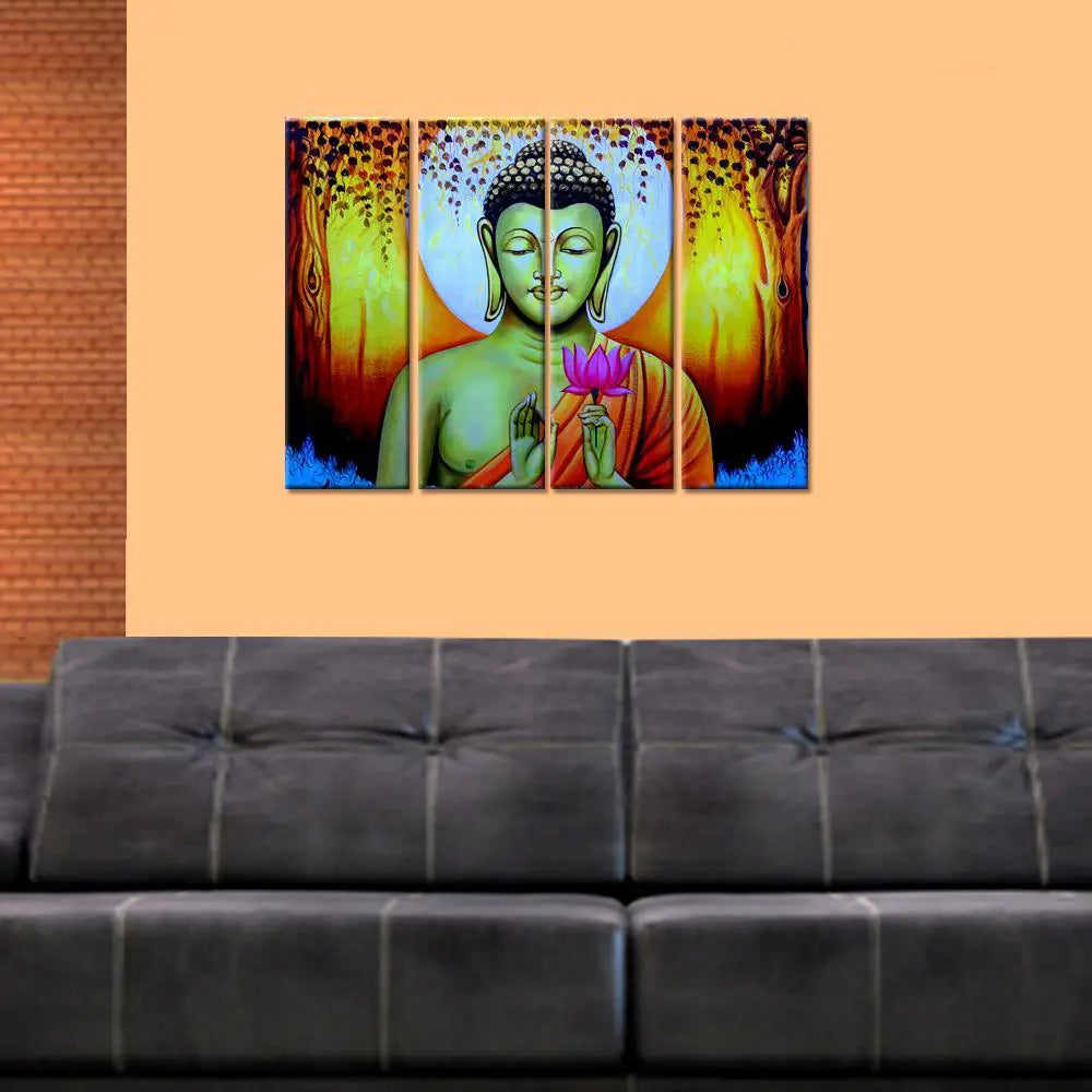 Meditating Buddha Modern Art Canvas Wall Painting In Set of 4 Panel Framed Painting for Living Room, Bedroom, Office Wall Decoration (24" x 8" Each Panel)