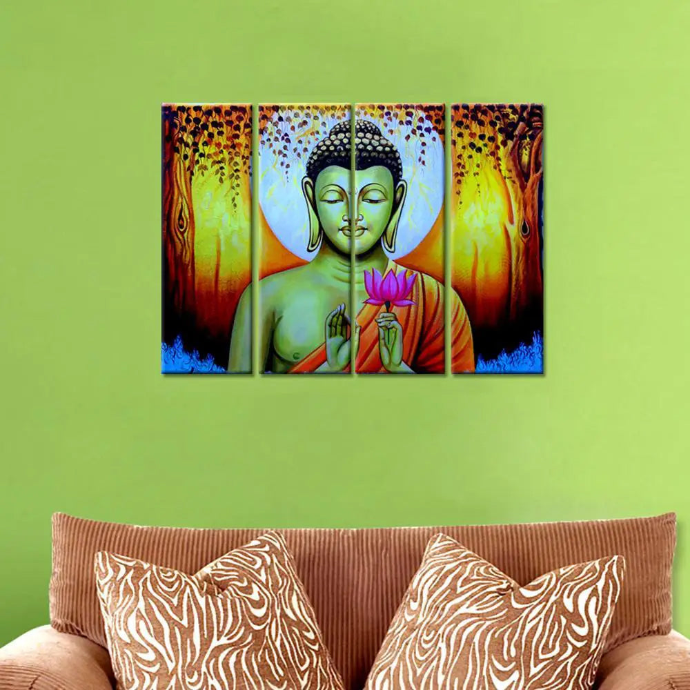 Meditating Buddha Modern Art Canvas Wall Painting In Set of 4 Panel Framed Painting for Living Room, Bedroom, Office Wall Decoration (24" x 8" Each Panel)